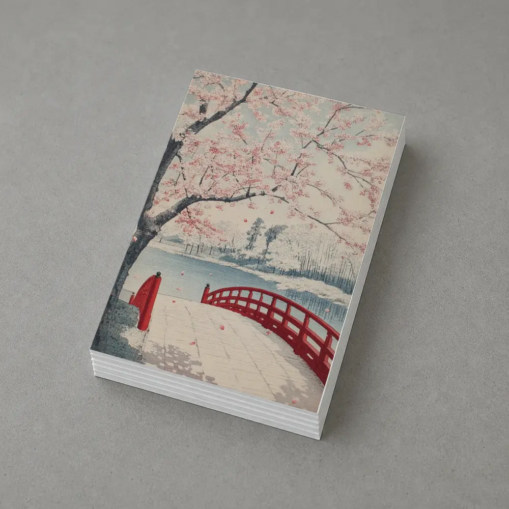 Japanese Cherry Blossoms Red Bridge Spring Scene – Postcards