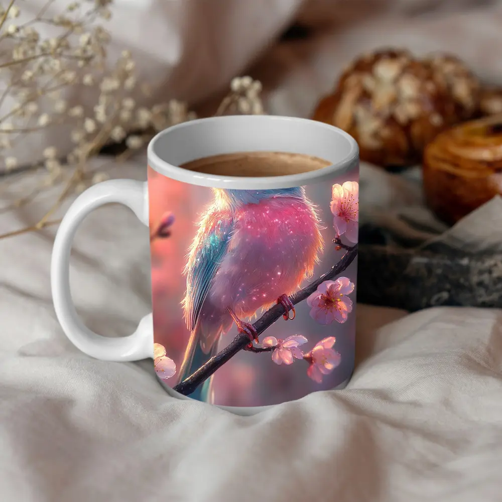Fluffy Fantasy Bird Cherry Blossom Branch – Mugs