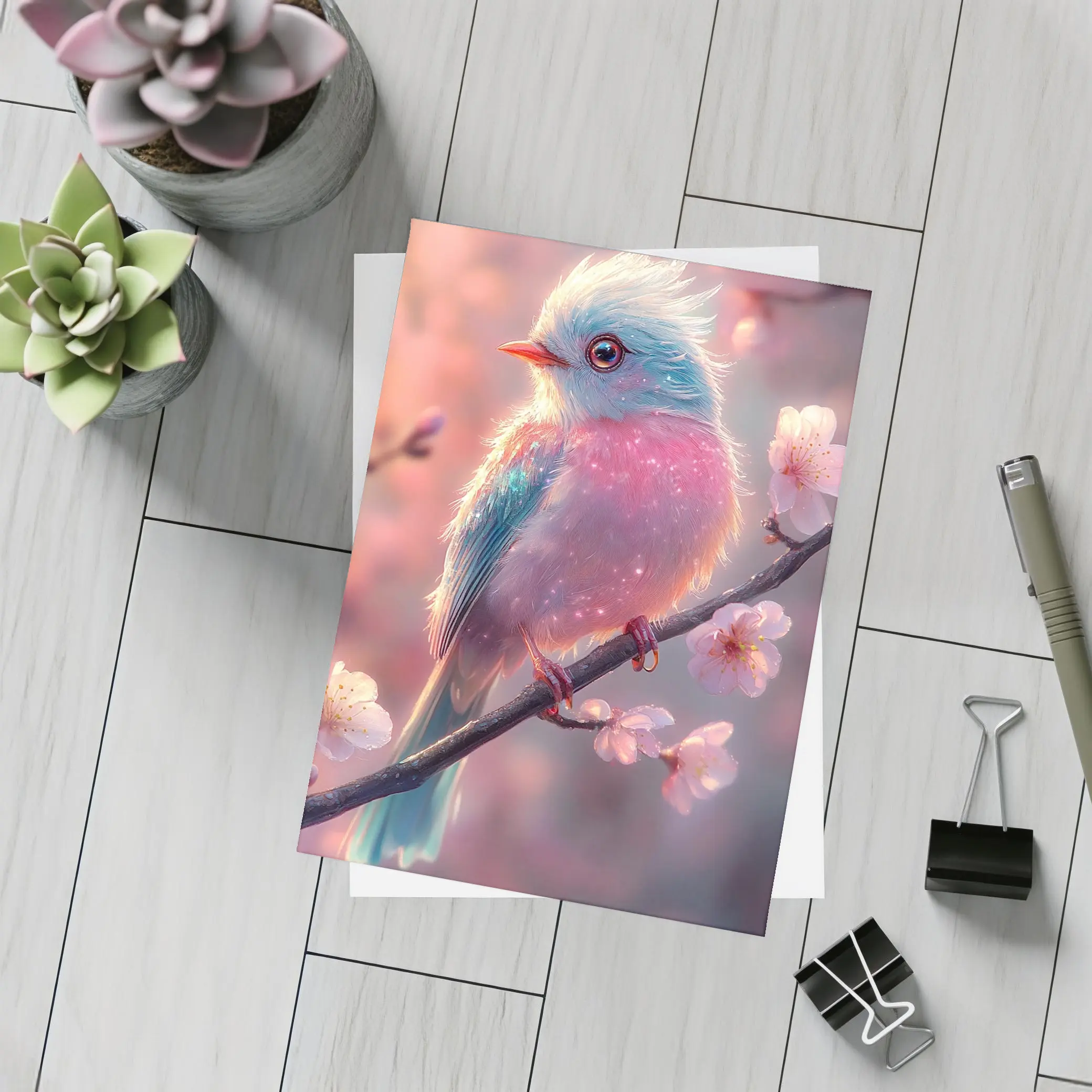 Fluffy Fantasy Bird Cherry Blossom Branch – Postcards