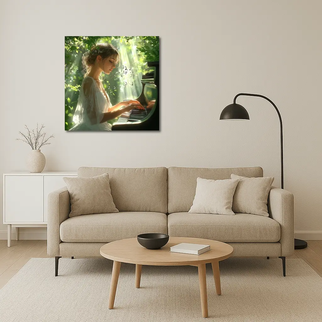 Woman Playing Piano in Sunlit Forest – Wall Art
