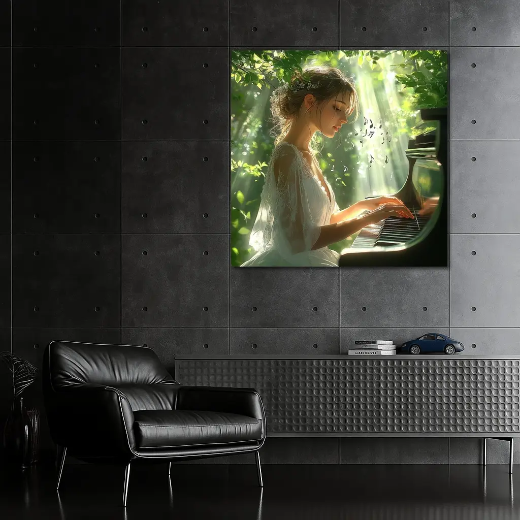 Woman Playing Piano in Sunlit Forest – Wall Art