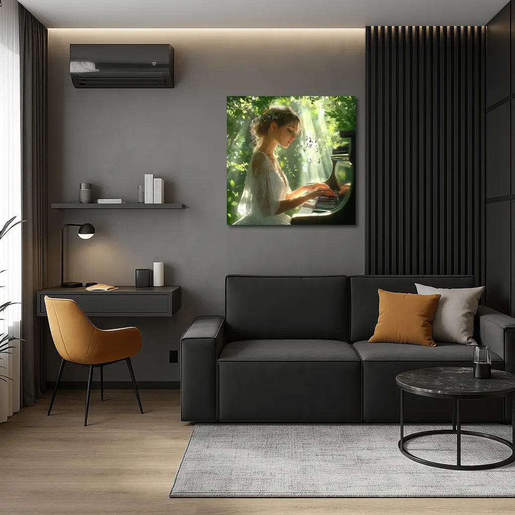 Woman Playing Piano in Sunlit Forest – Wall Art