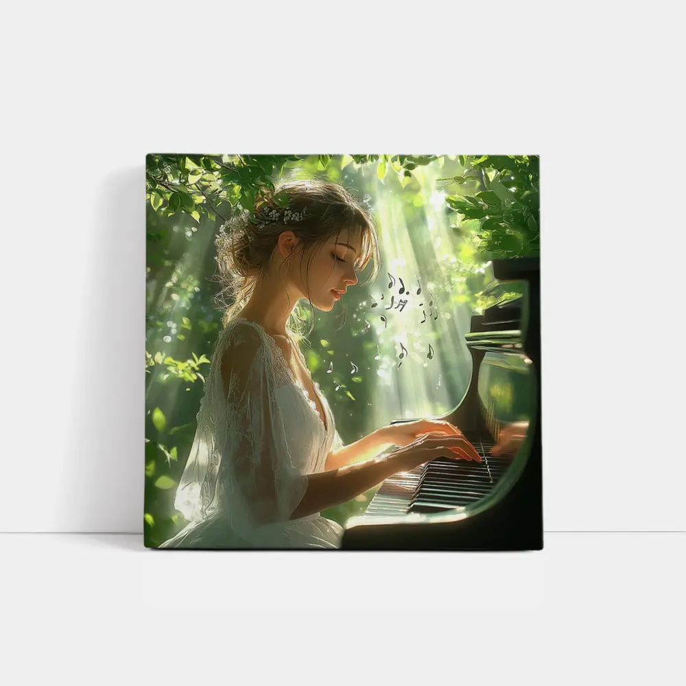 Woman Playing Piano in Sunlit Forest – Wall Art