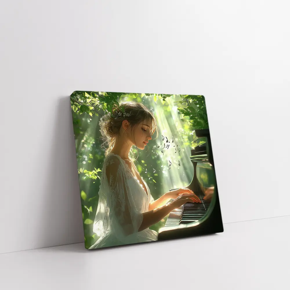 Woman Playing Piano in Sunlit Forest – Wall Art
