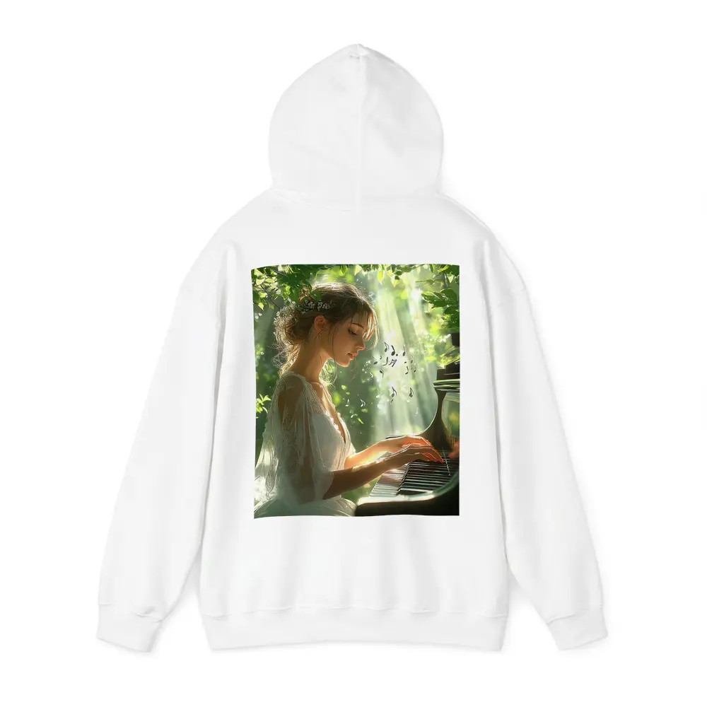 Woman Playing Piano in Sunlit Forest – Hoodies