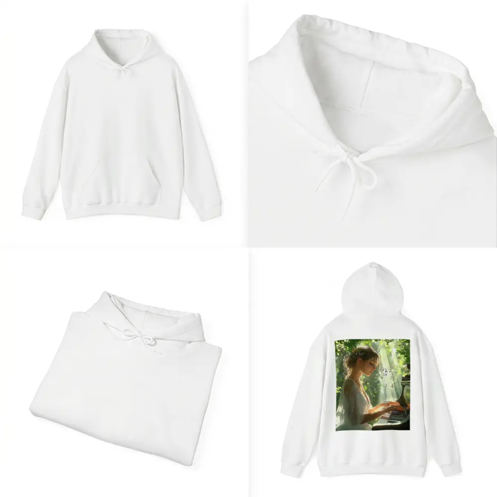 Woman Playing Piano in Sunlit Forest – Hoodies