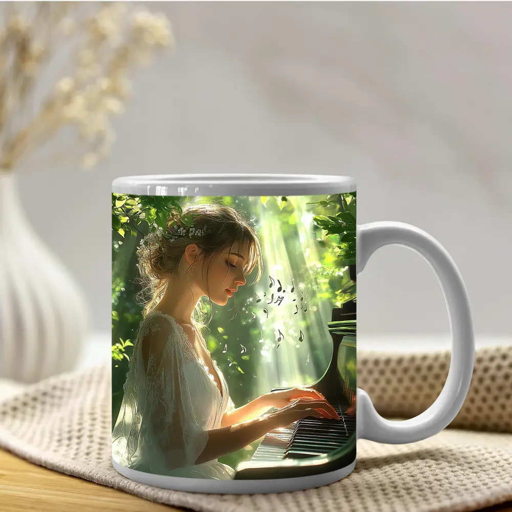 Woman Playing Piano in Sunlit Forest – Mugs