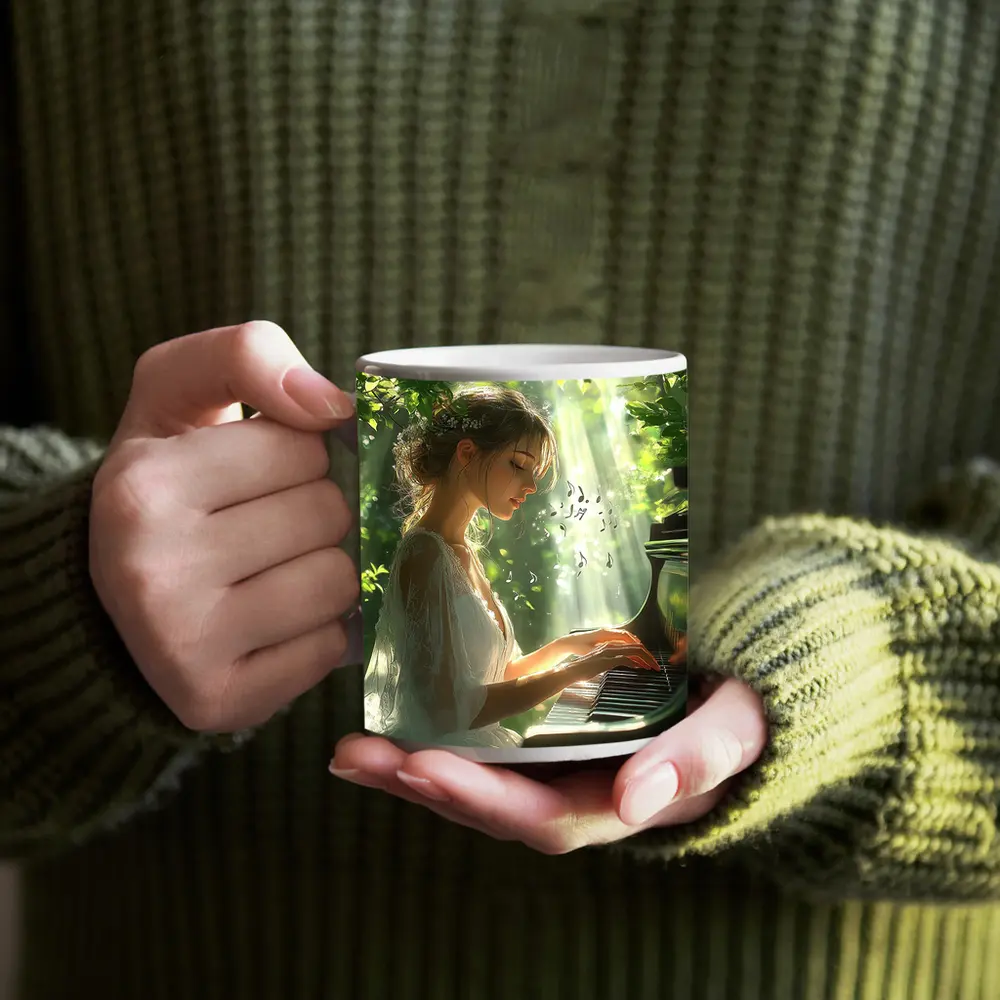 Woman Playing Piano in Sunlit Forest – Mugs