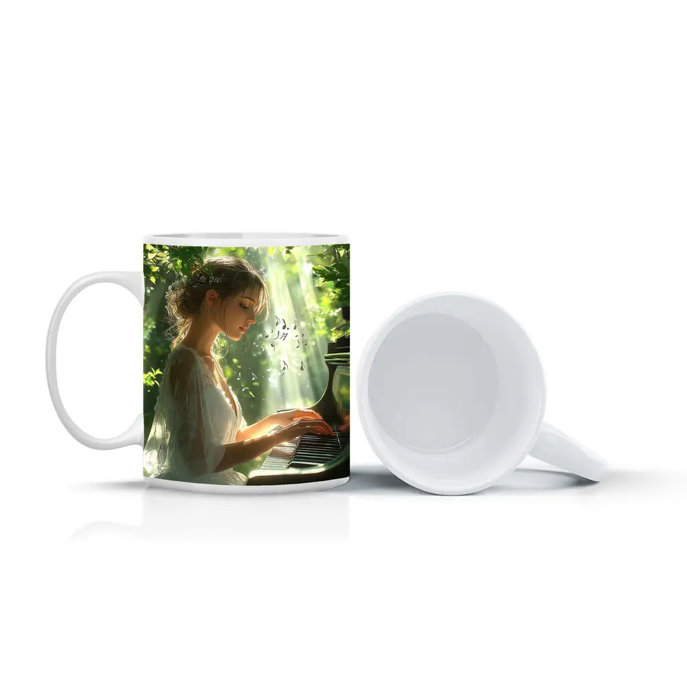 Woman Playing Piano in Sunlit Forest – Mugs