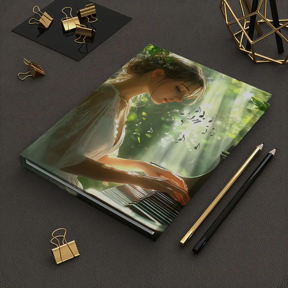 Woman Playing Piano in Sunlit Forest – Notebooks