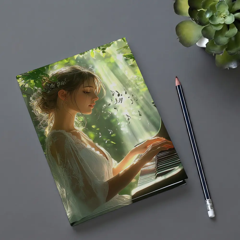 Woman Playing Piano in Sunlit Forest – Notebooks