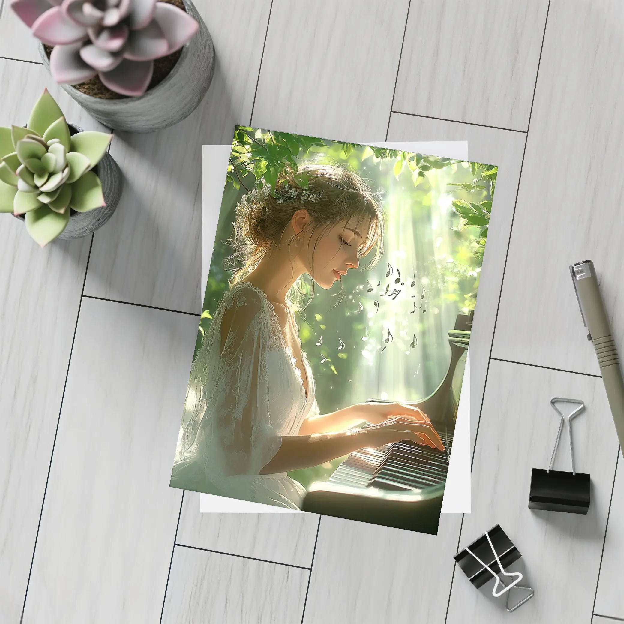 Woman Playing Piano in Sunlit Forest – Postcards