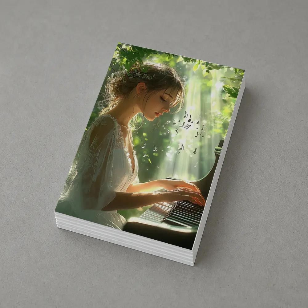Woman Playing Piano in Sunlit Forest – Postcards