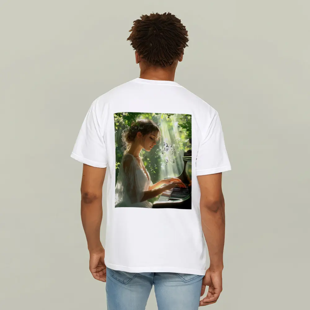 Woman Playing Piano in Sunlit Forest – T-Shirts