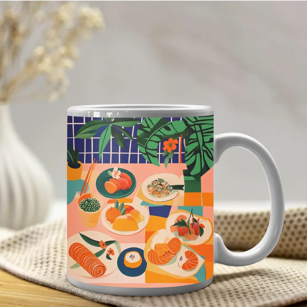 Sushi Spread Illustration Tropical Plant Background – Mugs