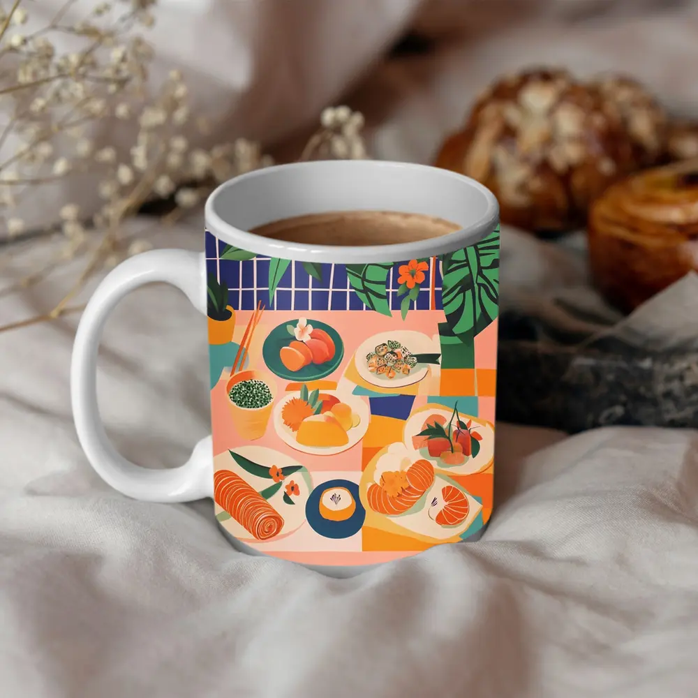 Sushi Spread Illustration Tropical Plant Background – Mugs