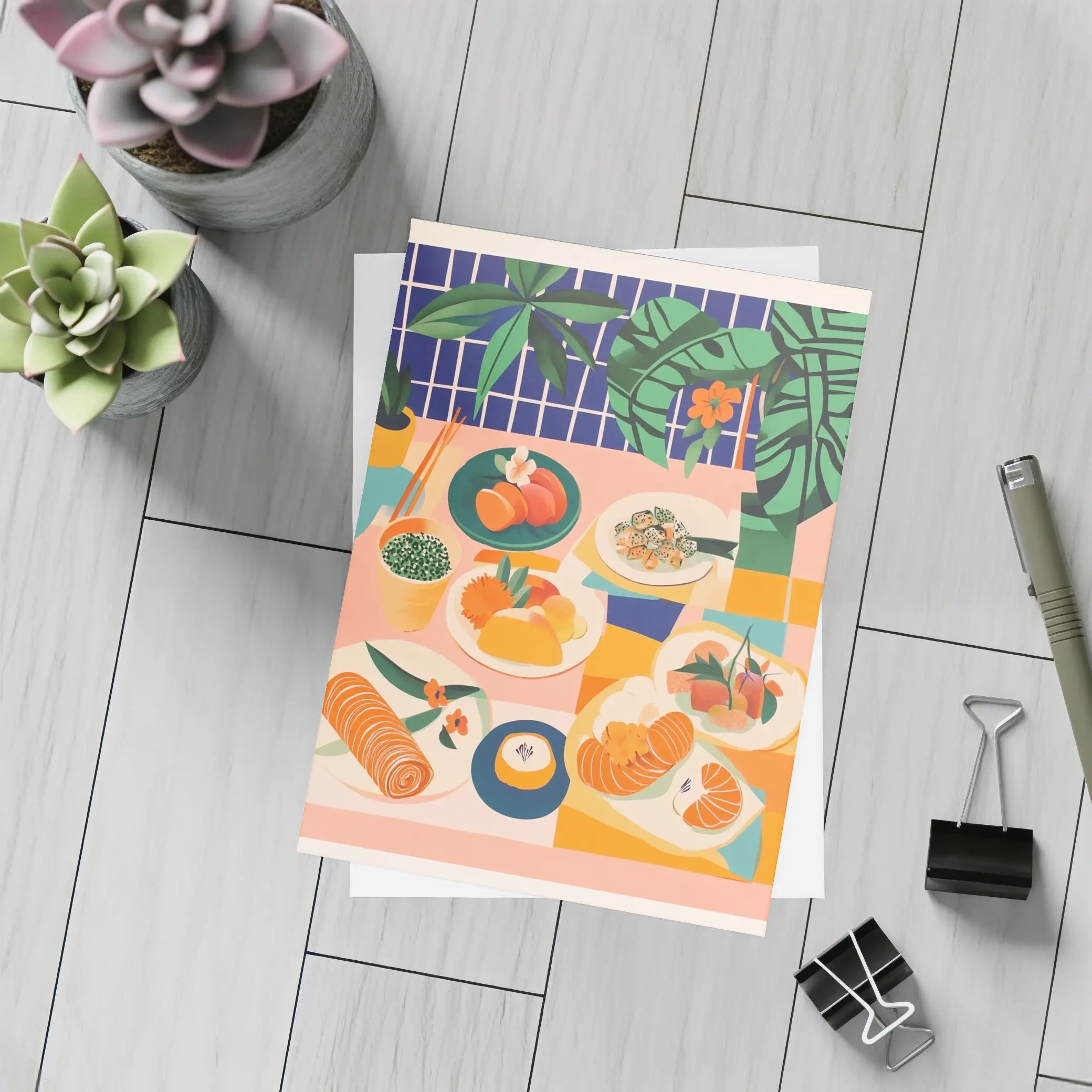 Sushi Spread Illustration Tropical Plant Background – Postcards