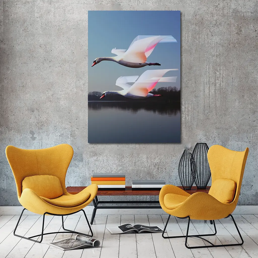 Two Swans Flying Over Calm Lake – Wall Art