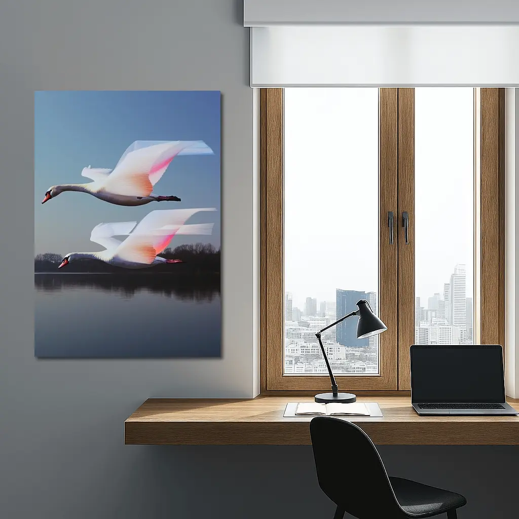 Two Swans Flying Over Calm Lake – Wall Art
