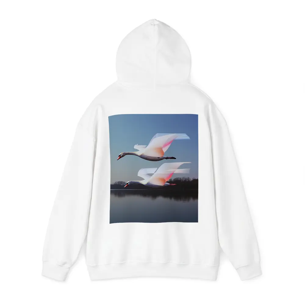 Two Swans Flying Over Calm Lake – Hoodies