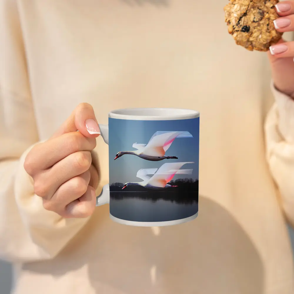 Two Swans Flying Over Calm Lake – Mugs