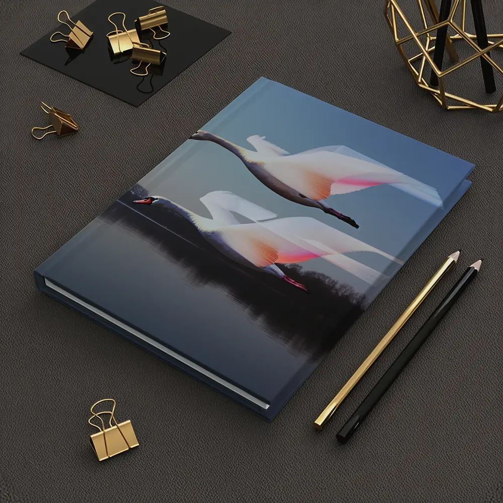 Two Swans Flying Over Calm Lake – Notebooks