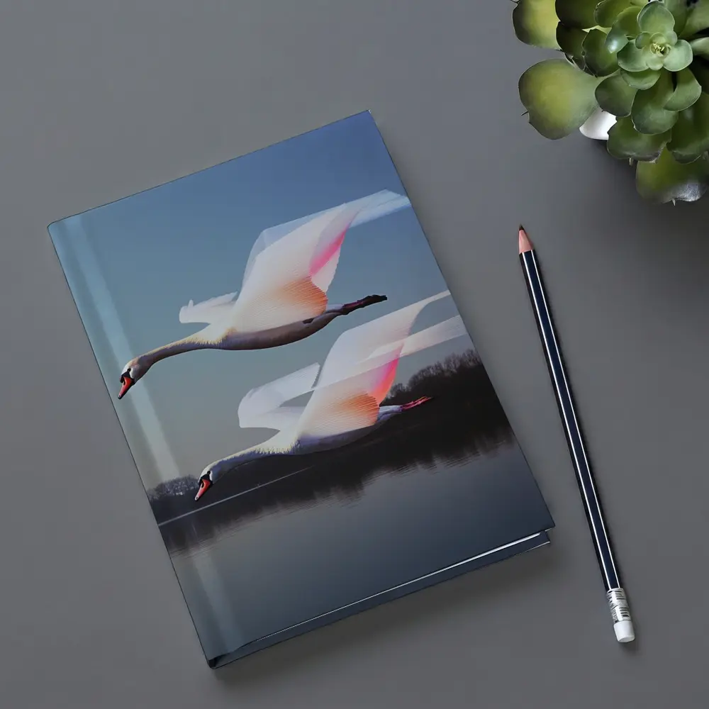 Two Swans Flying Over Calm Lake – Notebooks