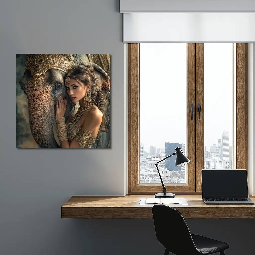 Woman With Golden Elephant Indian Style – Wall Art