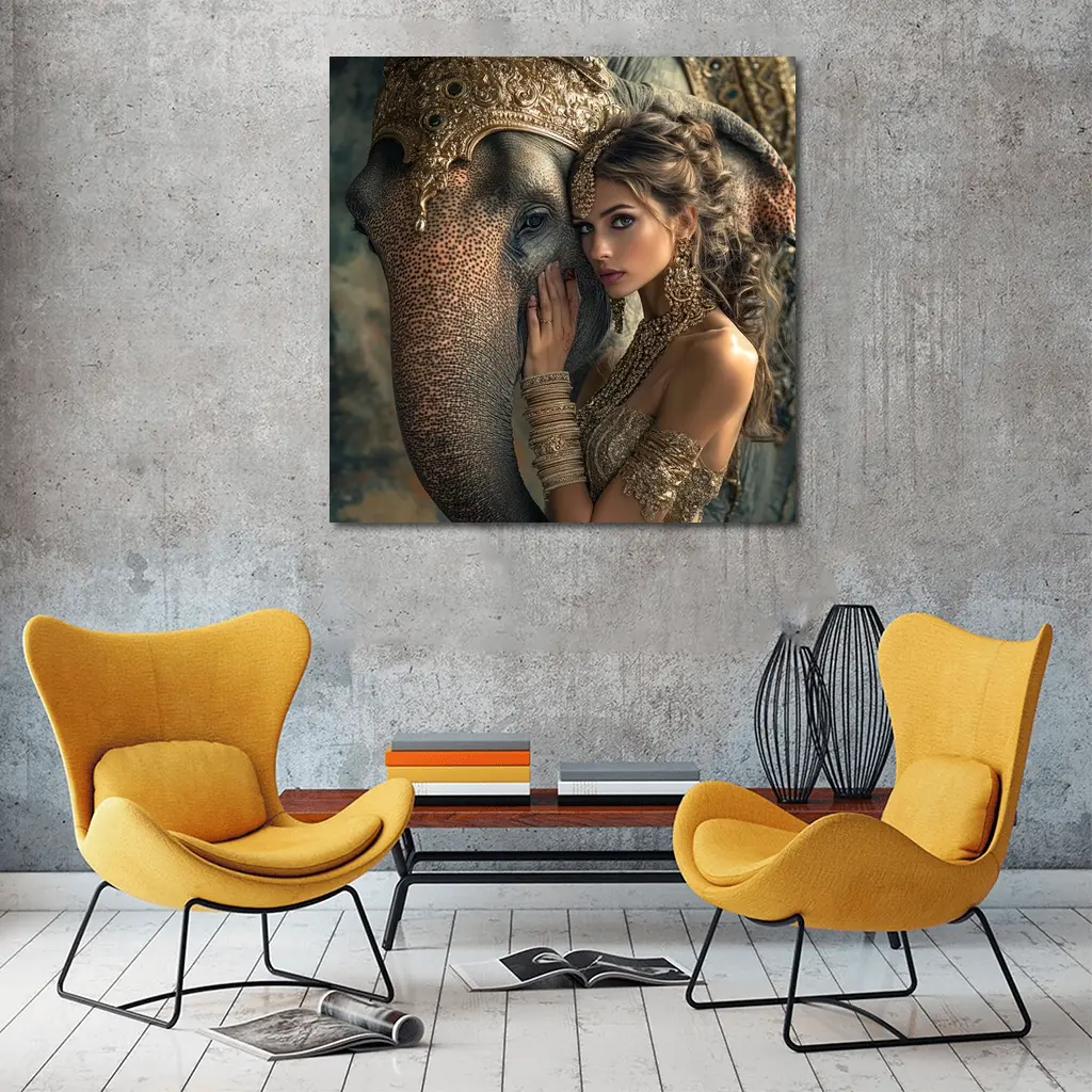 Woman With Golden Elephant Indian Style – Wall Art