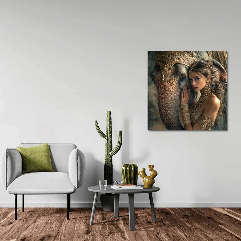 Woman With Golden Elephant Indian Style – Wall Art