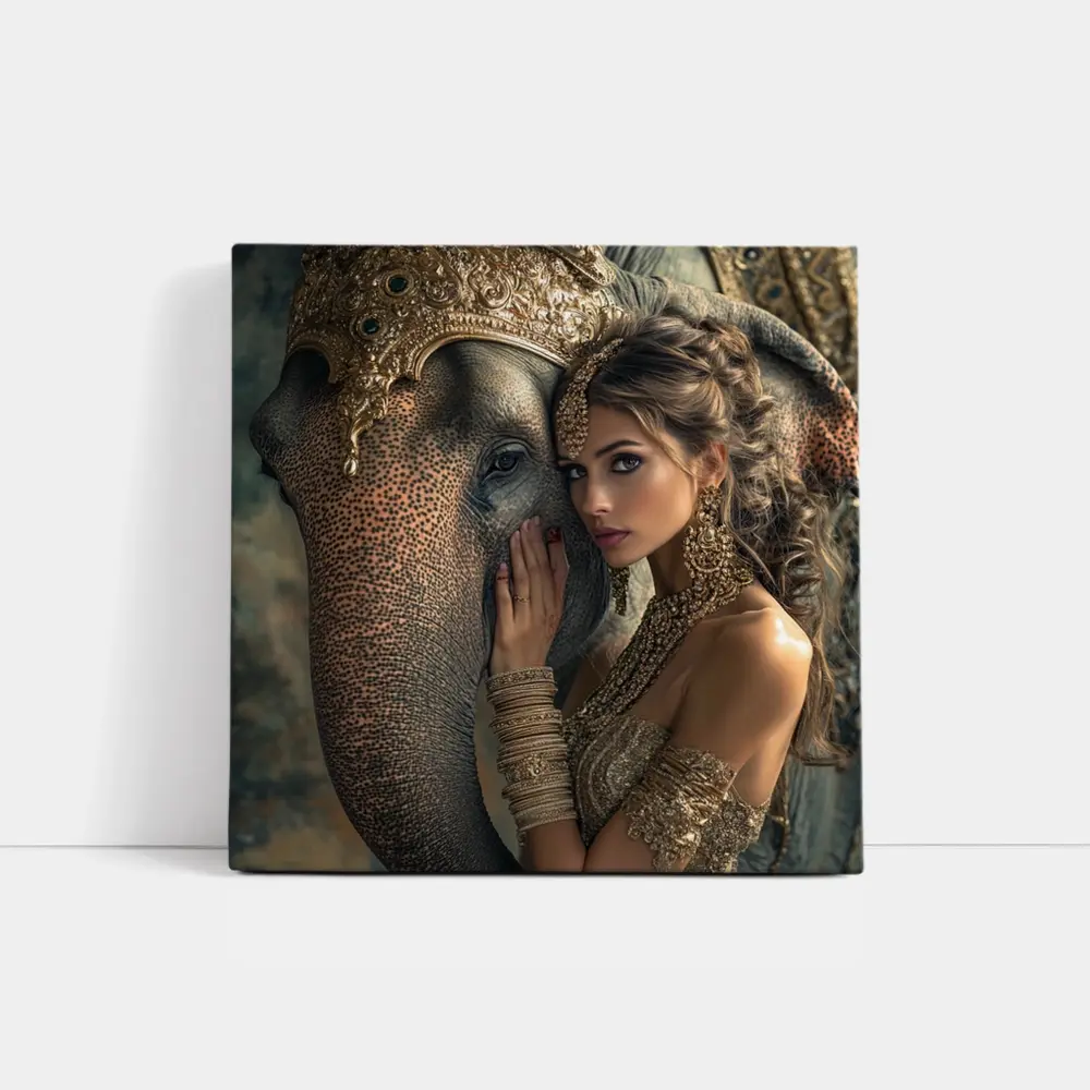 Woman With Golden Elephant Indian Style – Wall Art