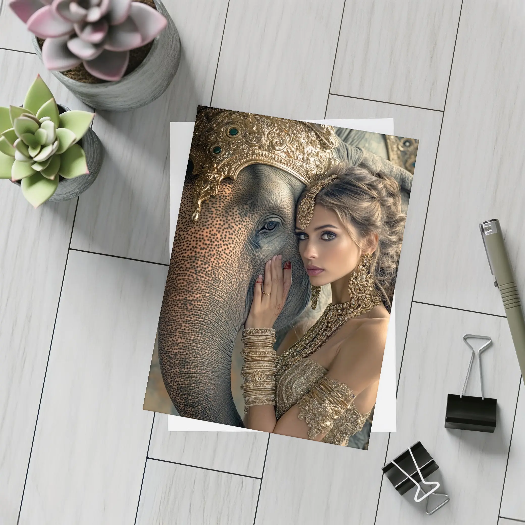 Woman With Golden Elephant Indian Style – Postcards