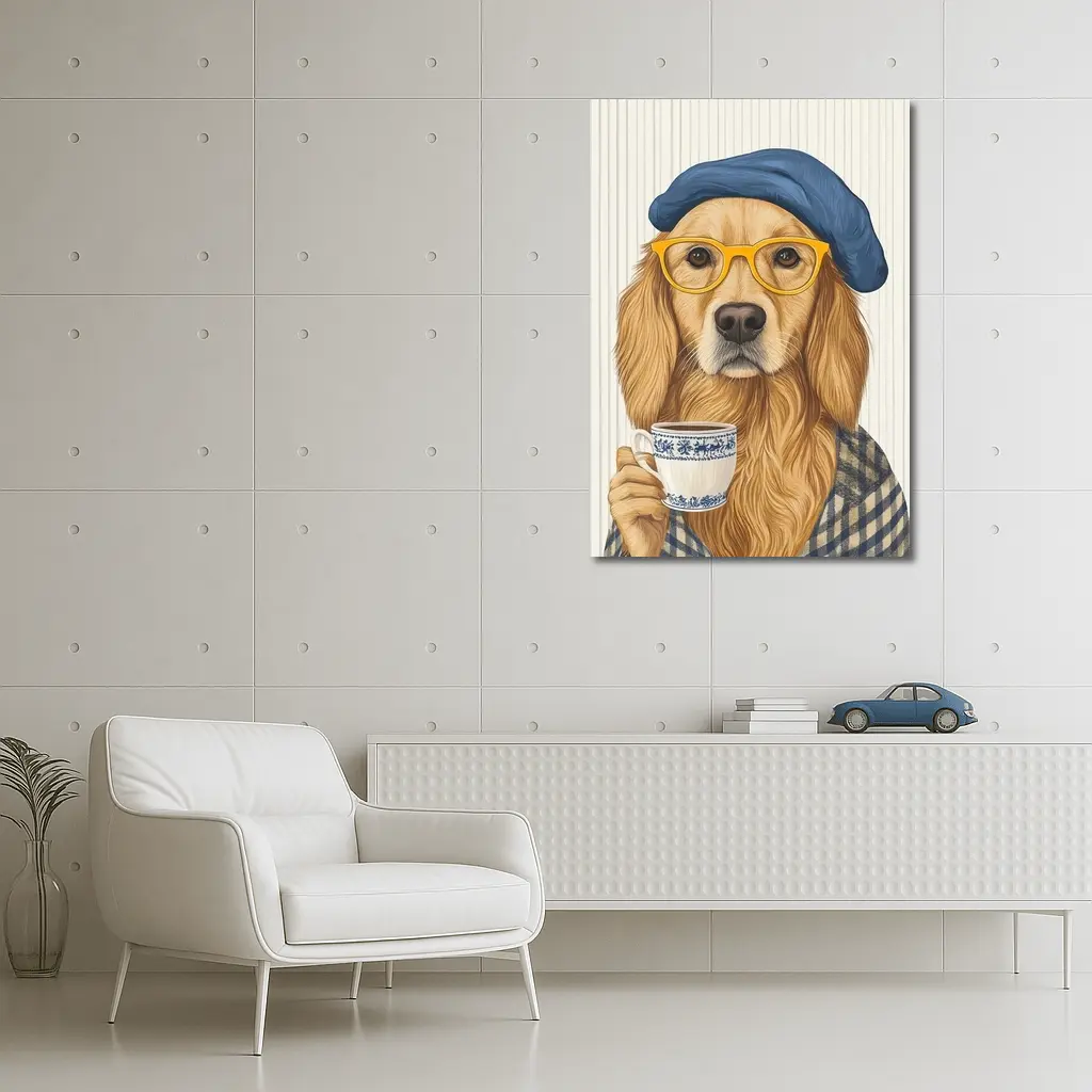 Golden Retriever Dog With Coffee Beret Glasses – Wall Art