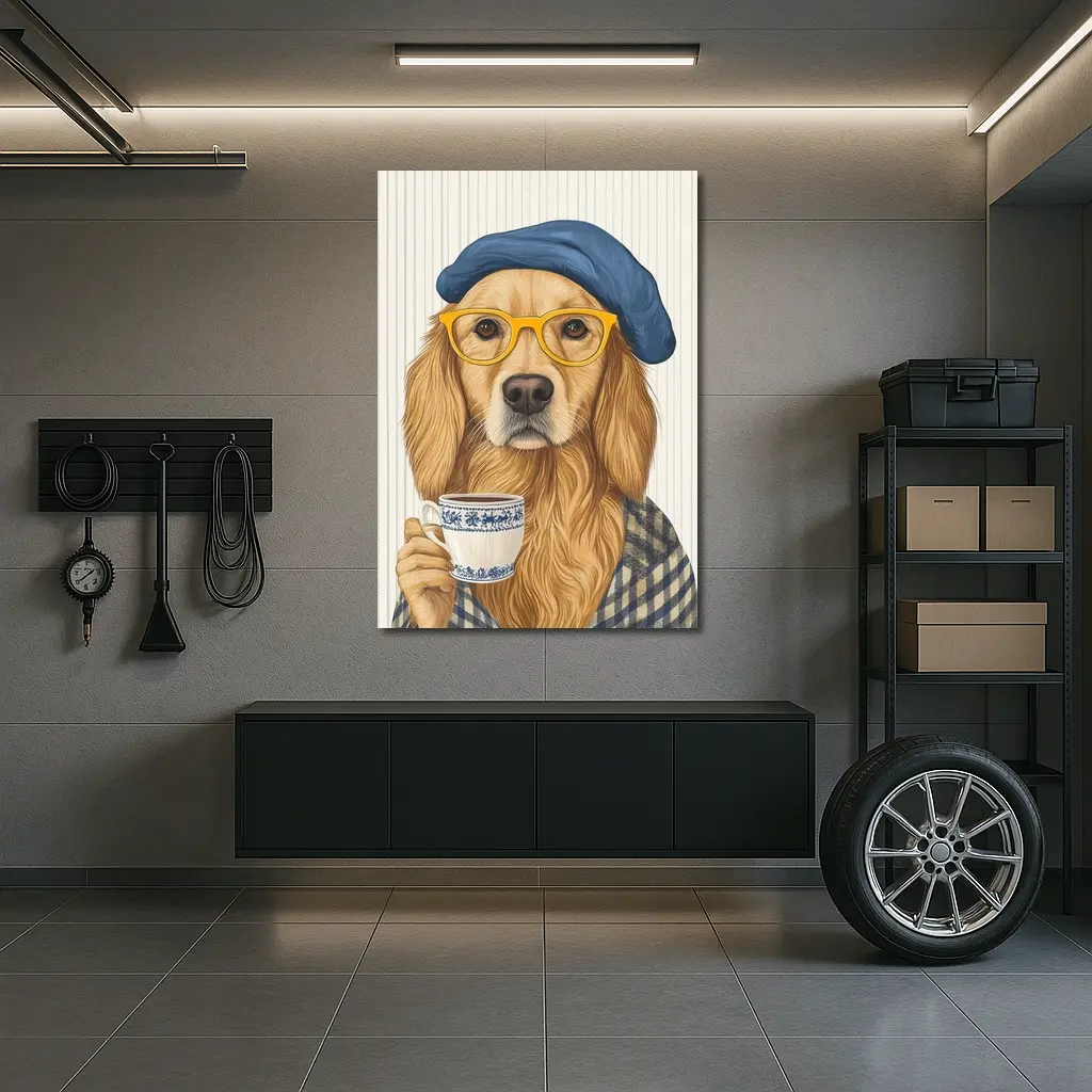 Golden Retriever Dog With Coffee Beret Glasses – Wall Art
