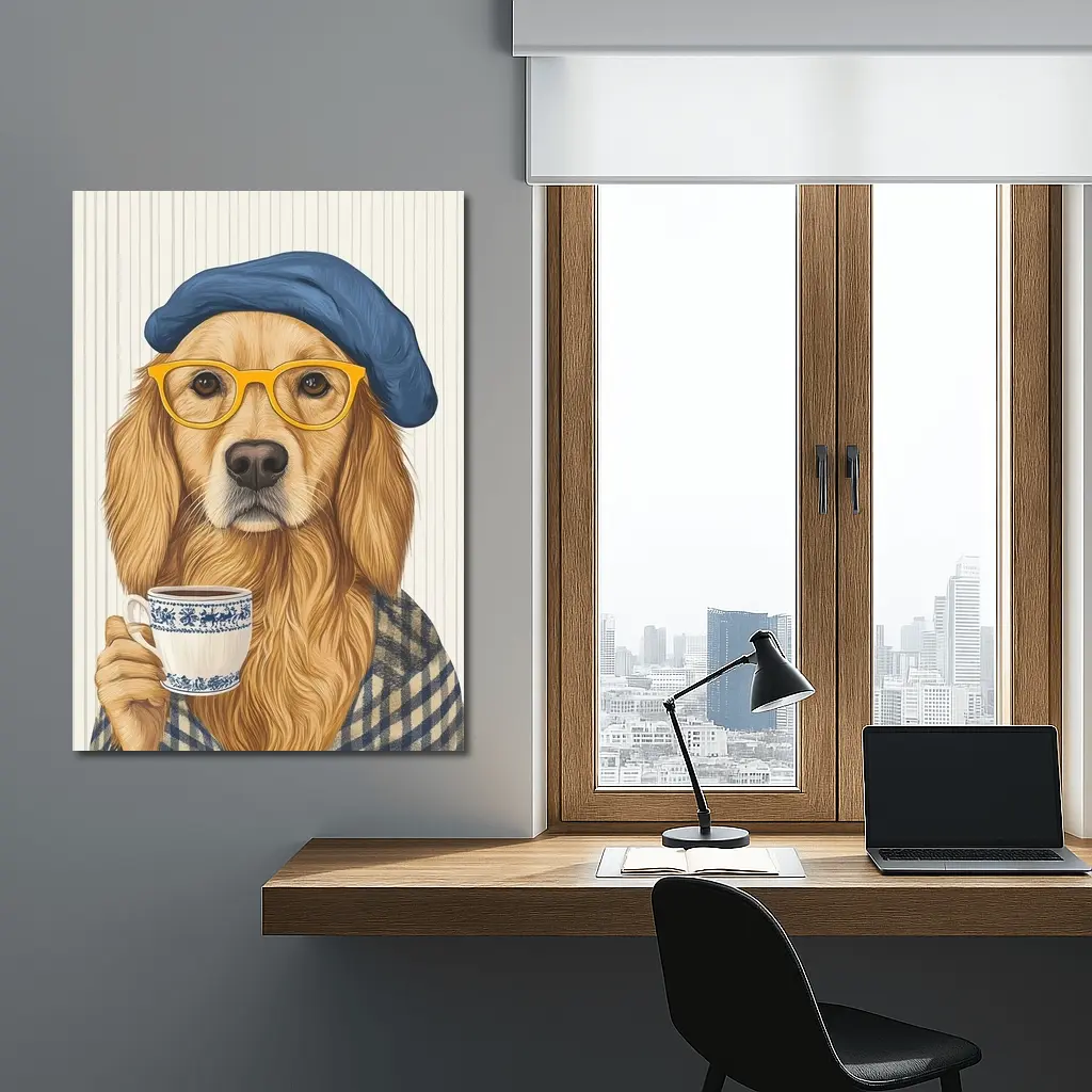 Golden Retriever Dog With Coffee Beret Glasses – Wall Art