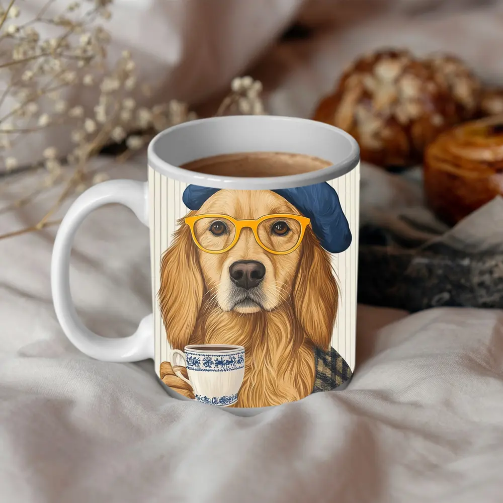 Golden Retriever Dog With Coffee Beret Glasses – Mugs