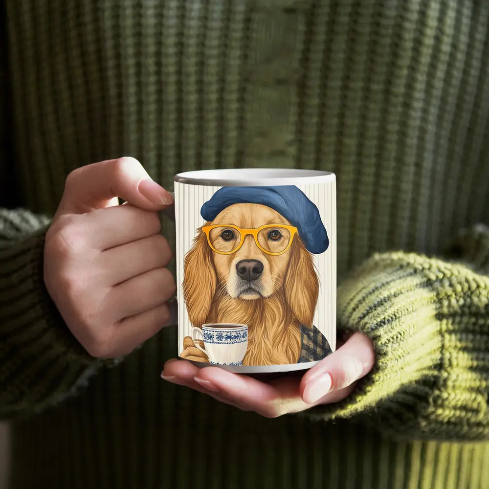 Golden Retriever Dog With Coffee Beret Glasses – Mugs