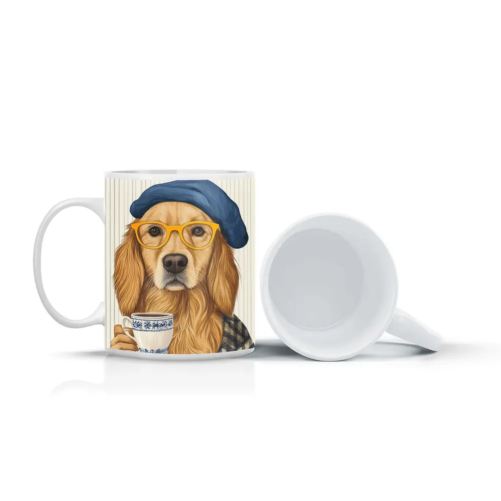 Golden Retriever Dog With Coffee Beret Glasses – Mugs