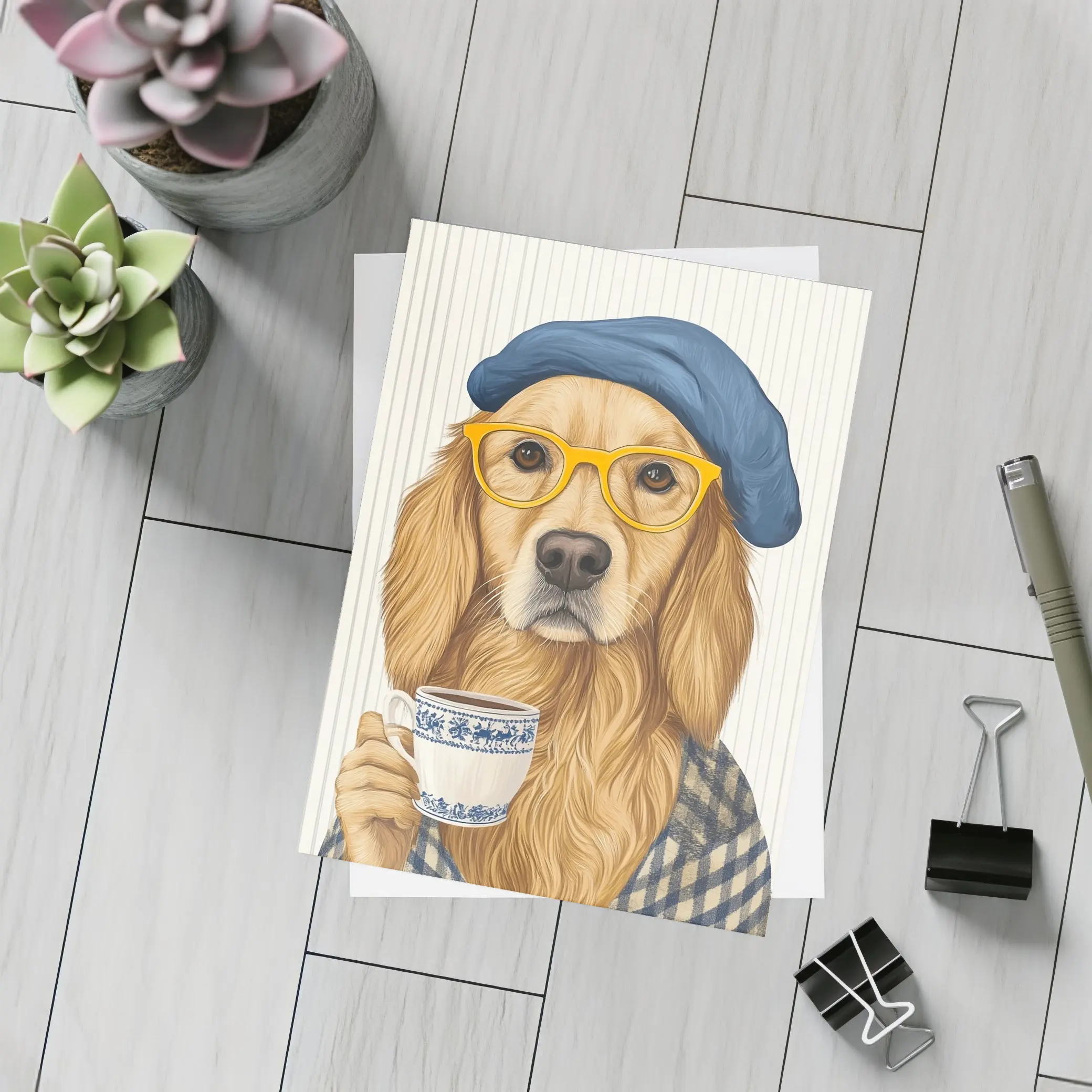 Golden Retriever Dog With Coffee Beret Glasses – Postcards