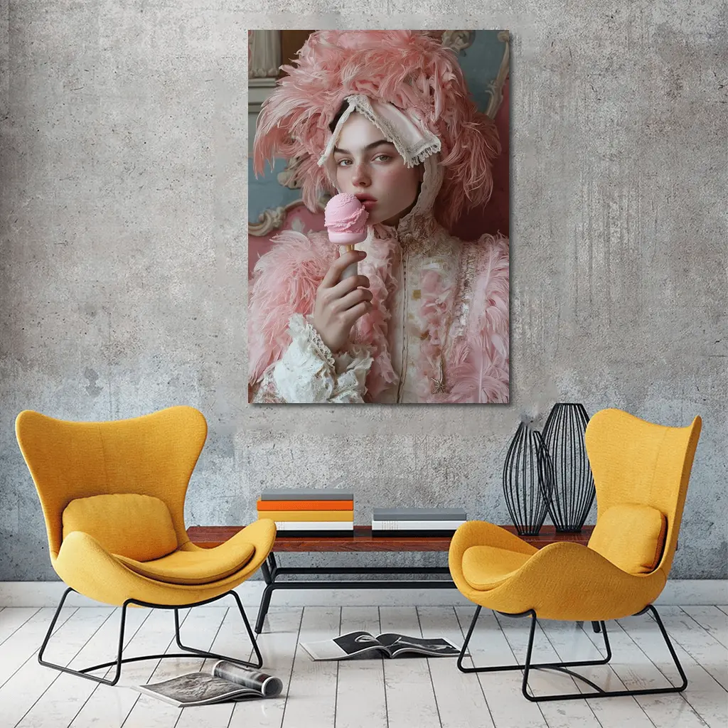 Rococo Woman Pink Feathers Ice Cream – Wall Art