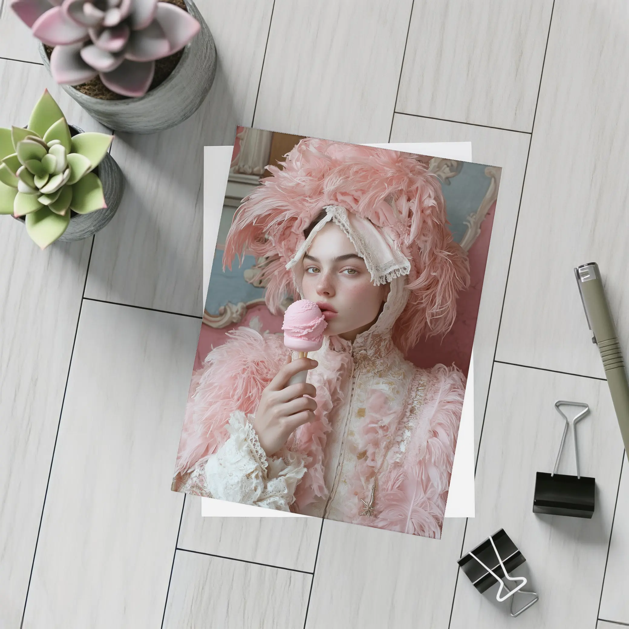 Rococo Woman Pink Feathers Ice Cream – Postcards