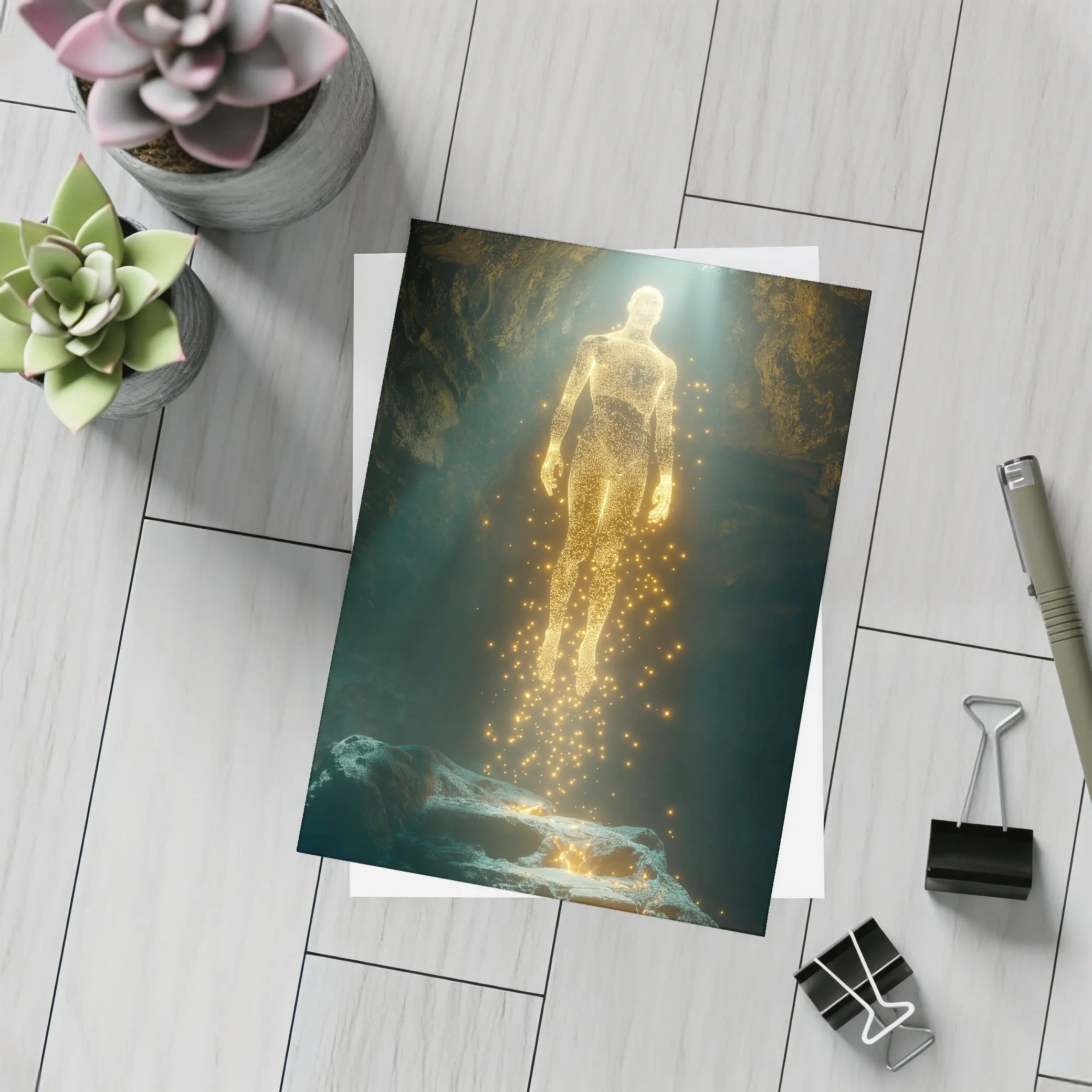 Golden Light Being Ascending In Dark Cave – Postcards