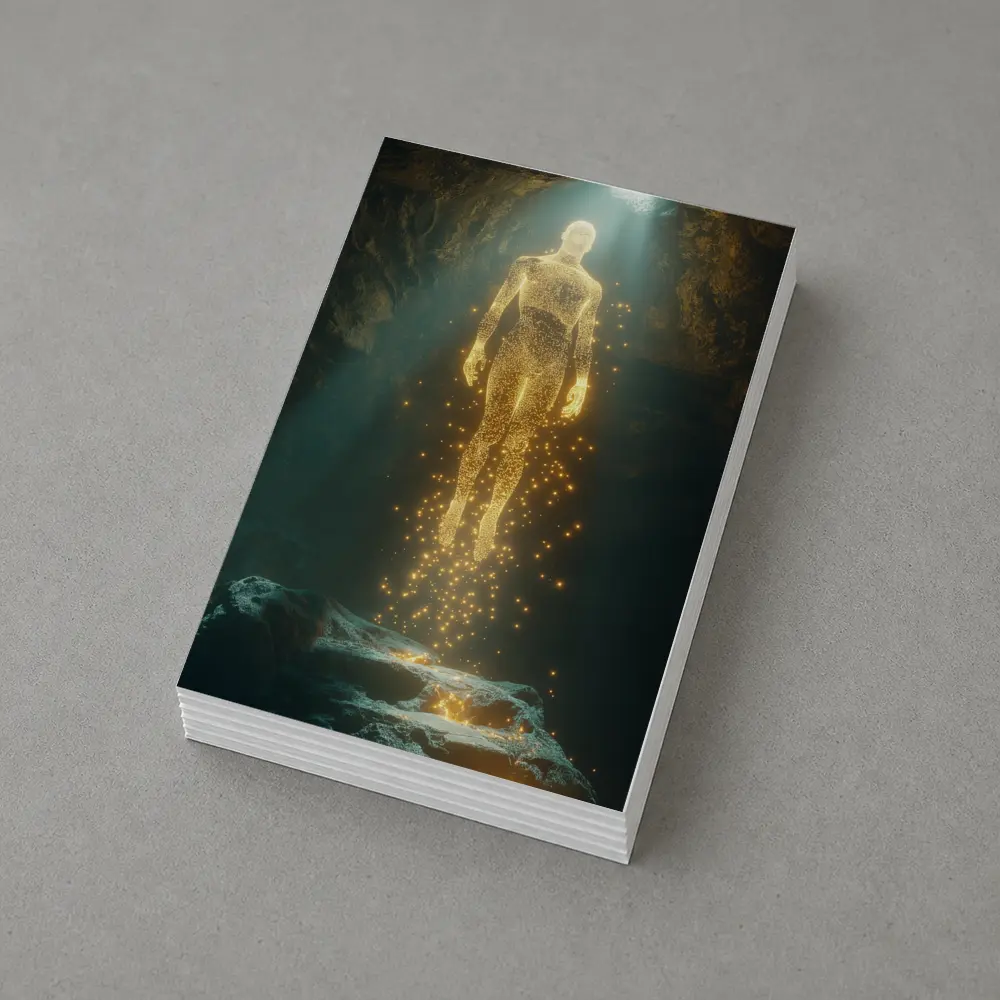 Golden Light Being Ascending In Dark Cave – Postcards