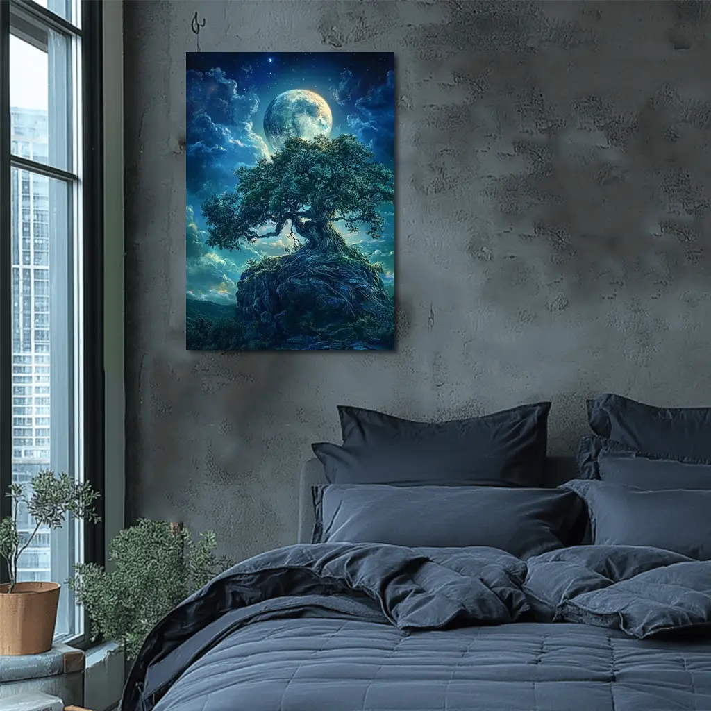 Ancient Oak Tree Moonlit Fantasy Night Sky – Wall Art