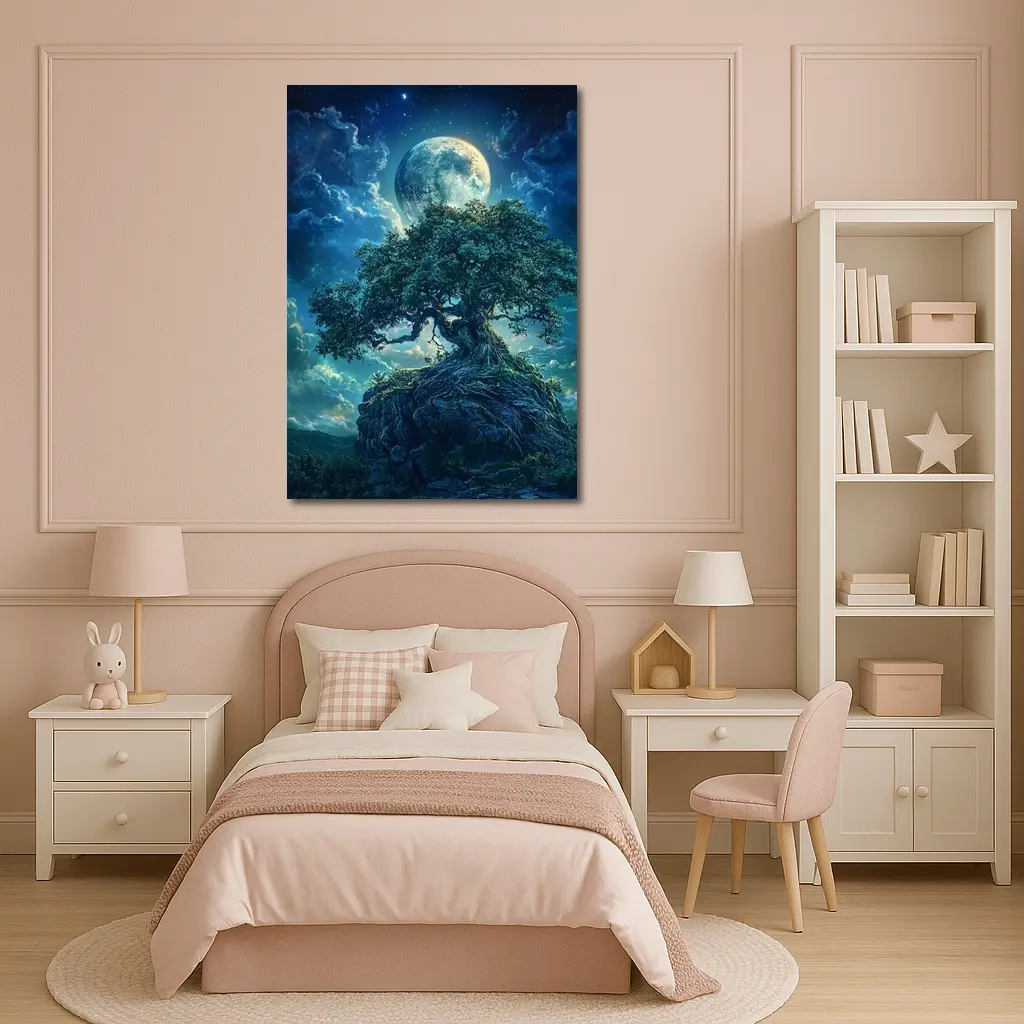 Ancient Oak Tree Moonlit Fantasy Night Sky – Wall Art
