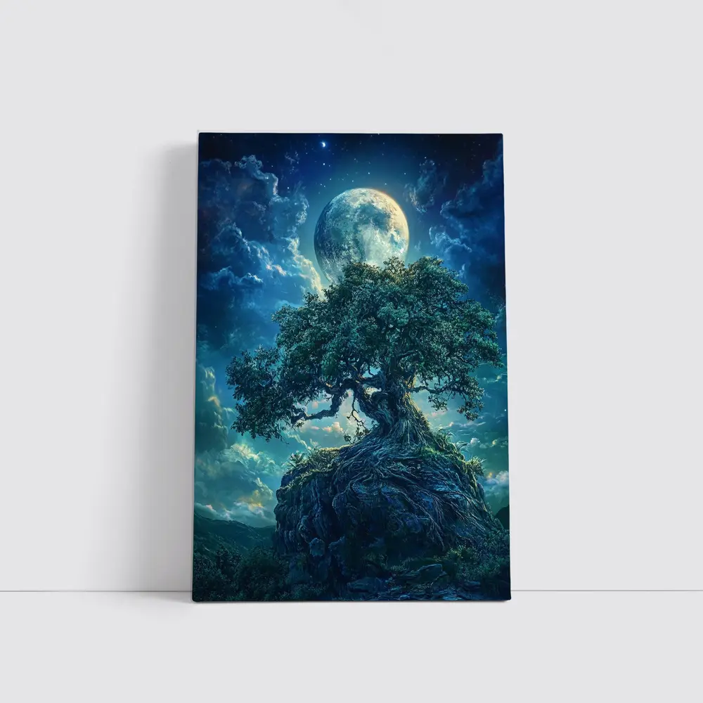 Ancient Oak Tree Moonlit Fantasy Night Sky – Wall Art