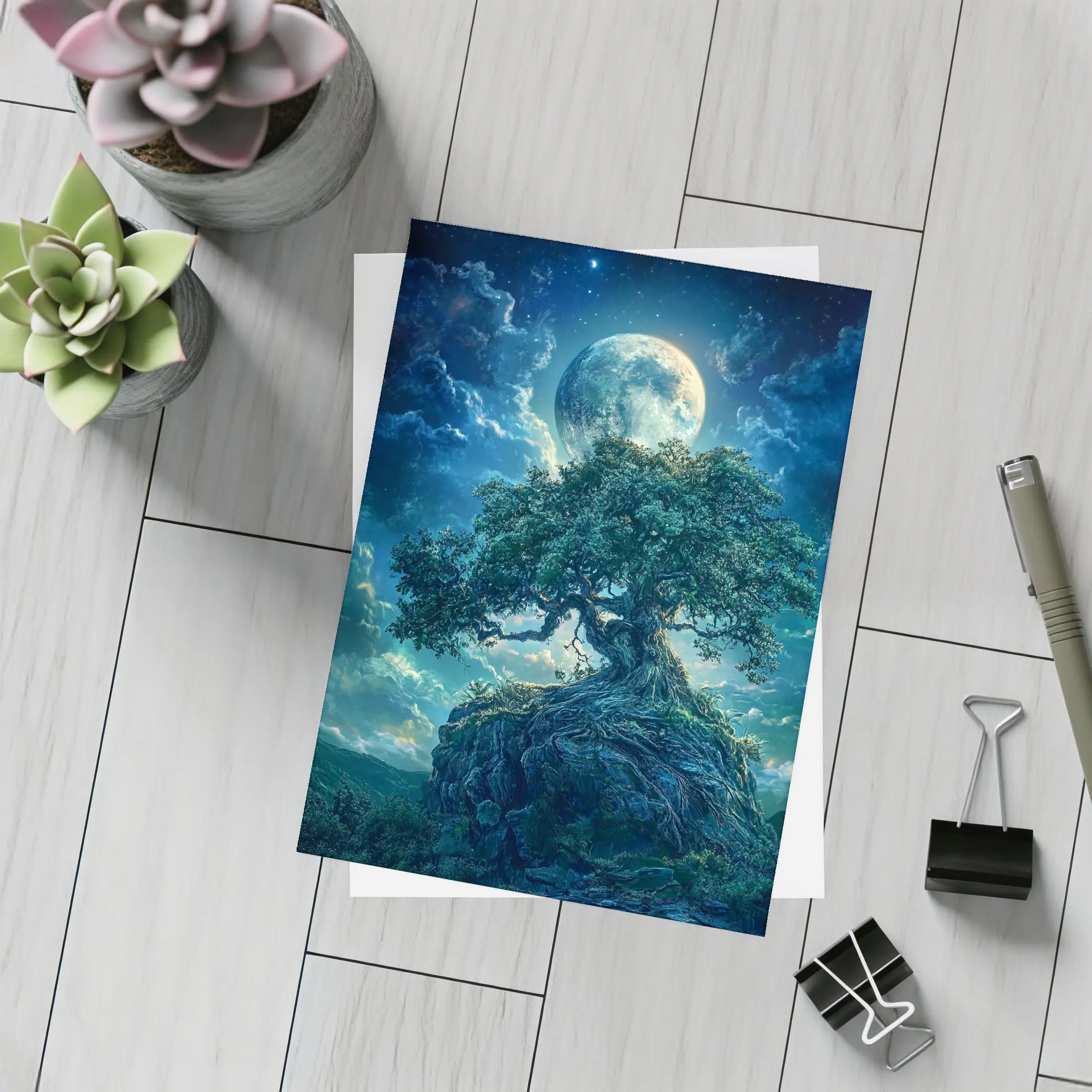 Ancient Oak Tree Moonlit Fantasy Night Sky – Postcards