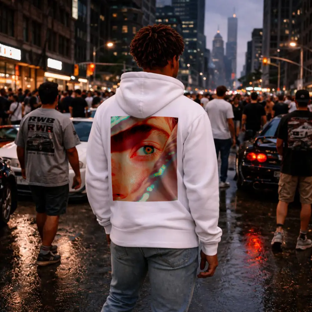 Close Up Blue Eye Holographic Light Portrait – Hoodies