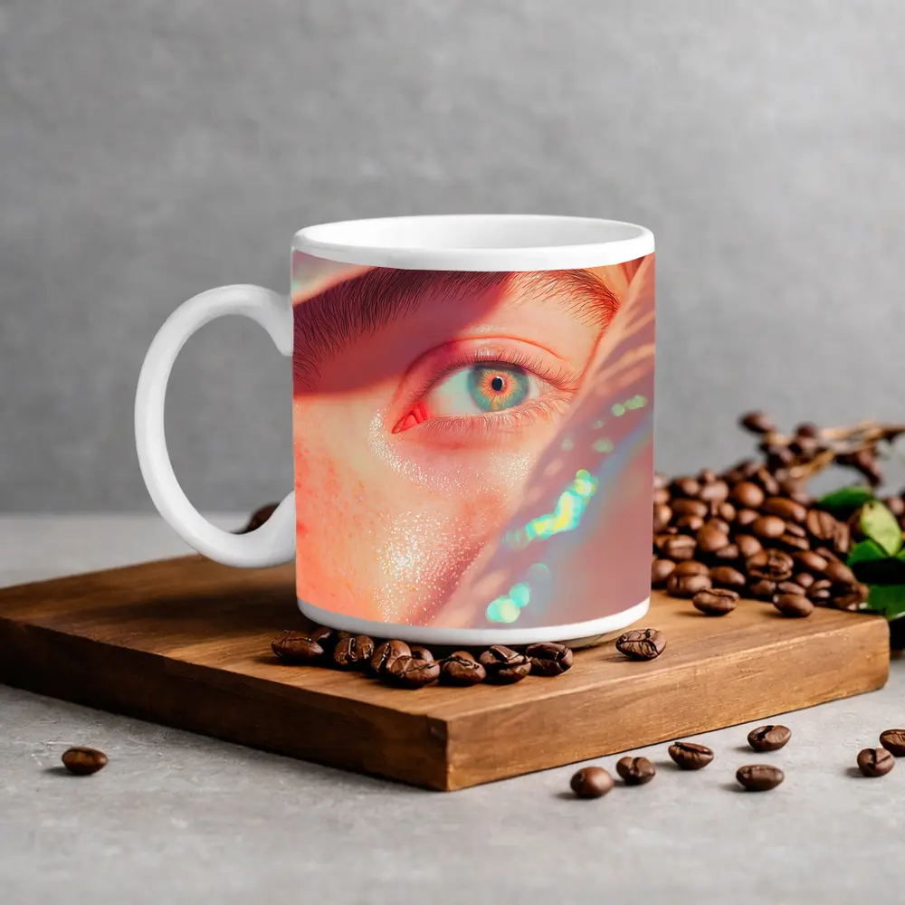 Close Up Blue Eye Holographic Light Portrait – Mugs