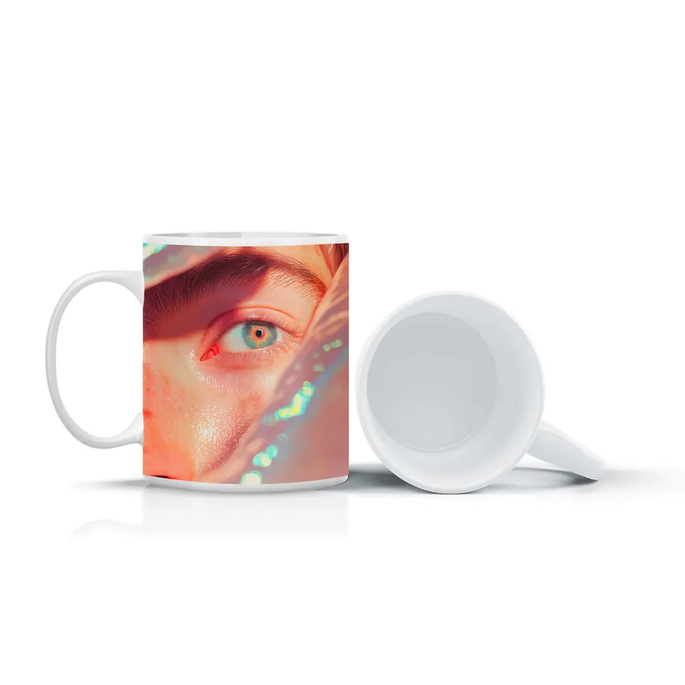Close Up Blue Eye Holographic Light Portrait – Mugs